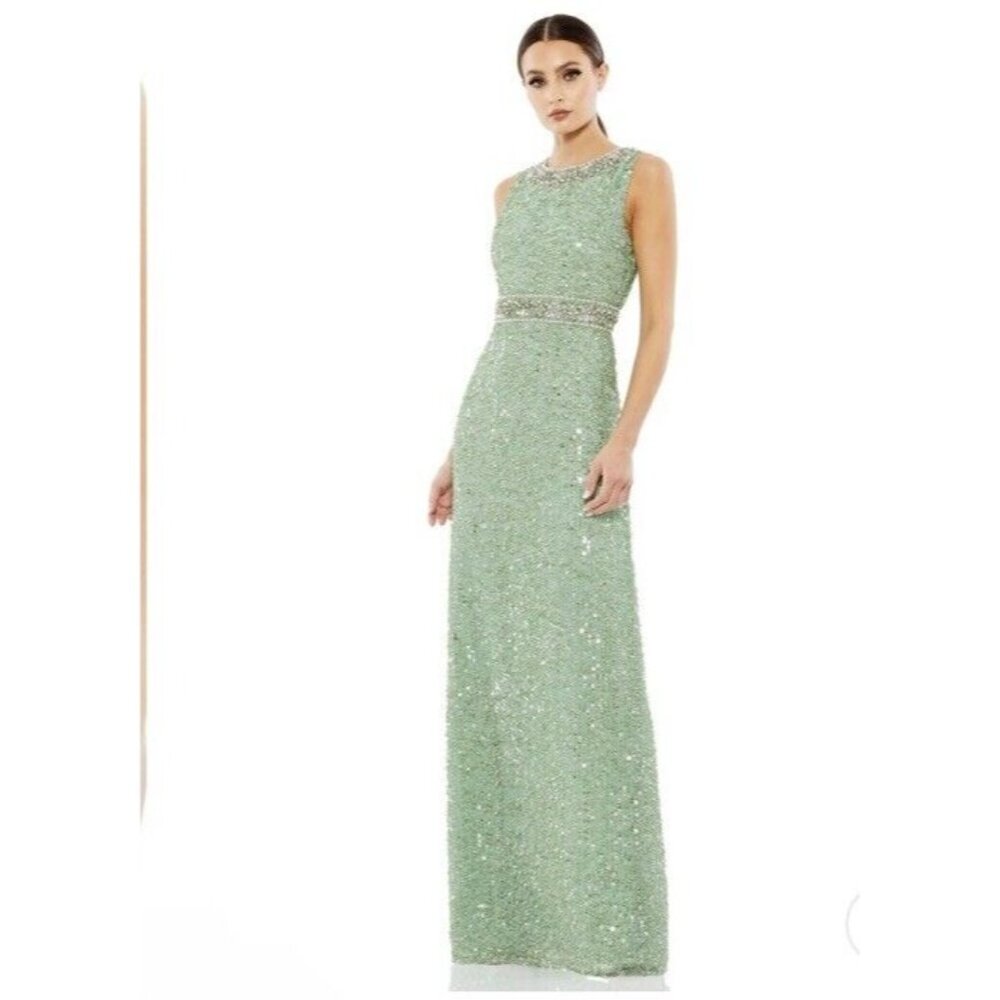 Mac Duggal Dress Gown Size 4/6 Mint Green Sequined  Rhinestones Embellished
